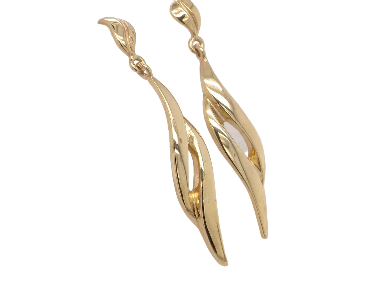 A feature pair of long drop earrings. Each a double loop that has a length of 38mm, width 8mm. shaped top to the post and scroll.
