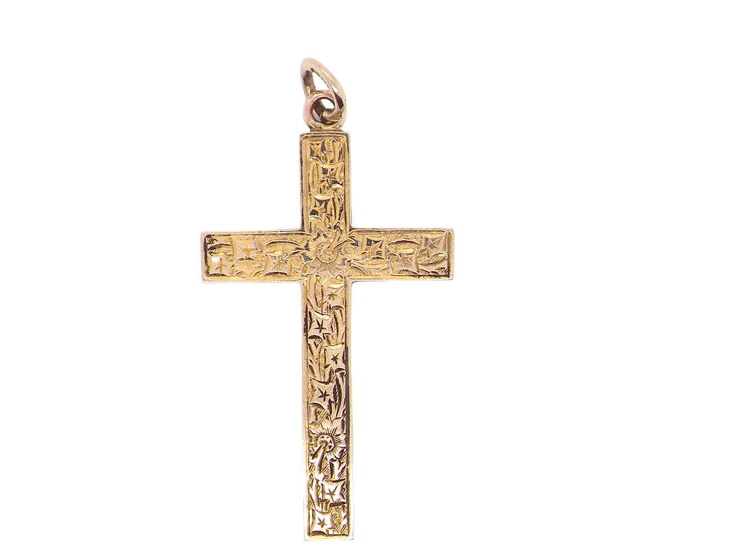 A fine 9 carat gold cross. Hand engrarved across the whole body of the cross which measures 45x25mm
