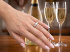 A close-up of a hand with pale pink manicured nails wearing a sparkling silver ring, posed next to a champagne bottle and two filled champagne flutes on a wooden table.