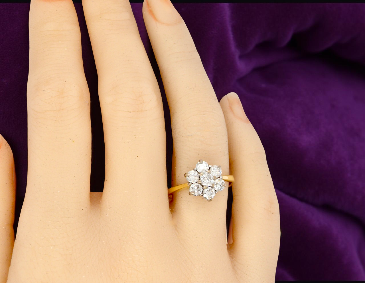 Gold and diamond ring on a hand with a purple background