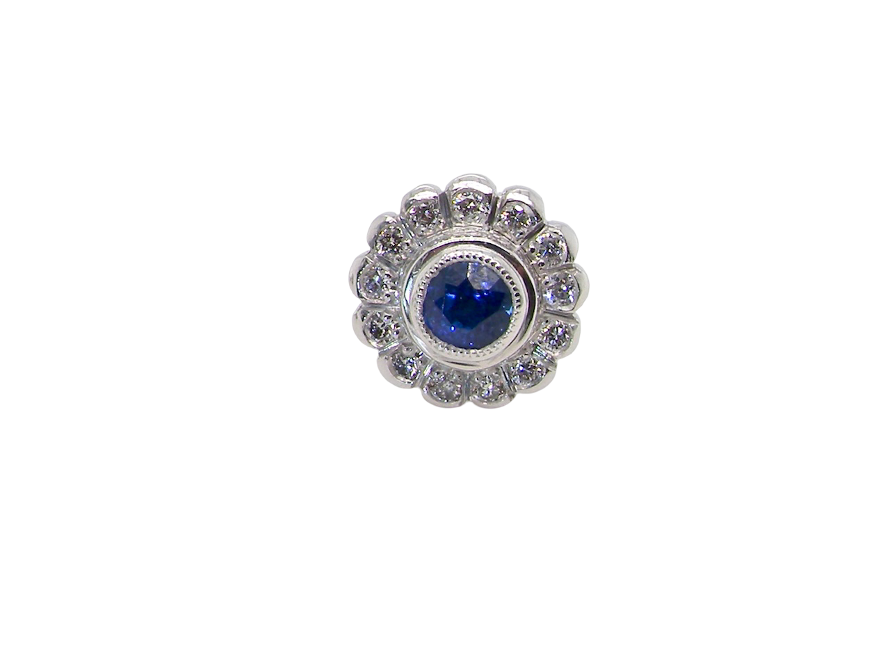  A fine pair of 18 carat white gold sapphire and diamond cluster earring

Each earring is set with a central round sapphire measuring approximately 3.4mm in diameter, estimated at 0.15ct, 