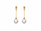 A fine pair of 18 carat yellow gold drop earrings.

Each modern brilliant cut white diamond measures 5mm (est half a carat each), claw set.
