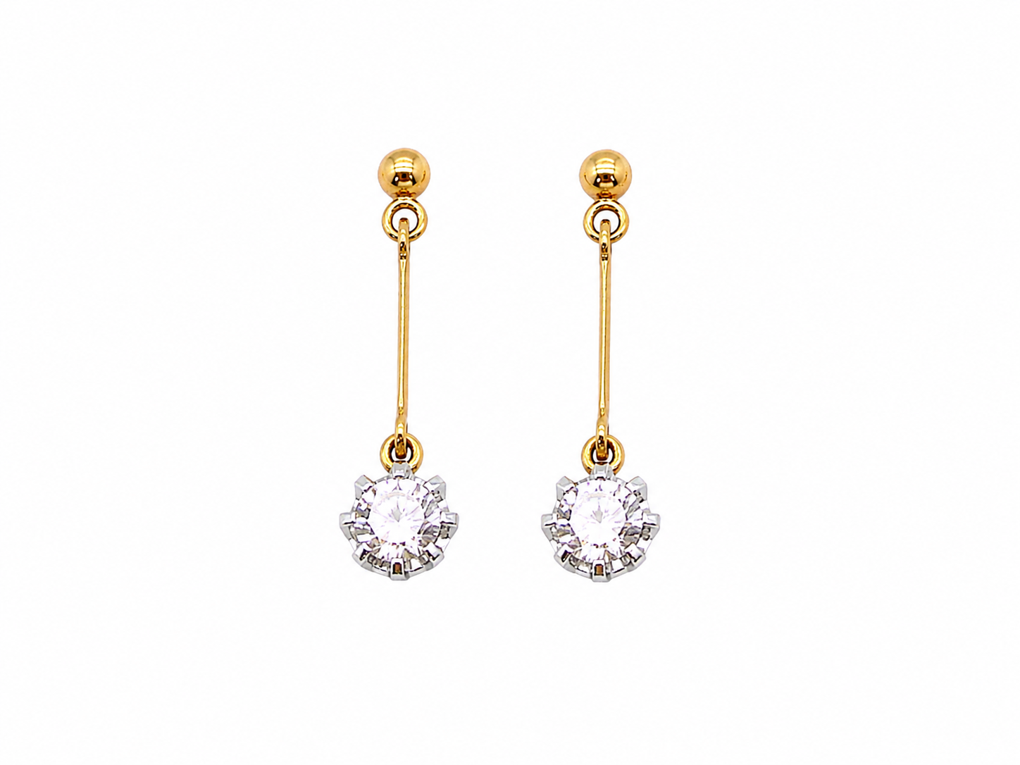 A fine pair of 18 carat yellow gold drop earrings.

Each modern brilliant cut white diamond measures 5mm (est half a carat each), claw set.
