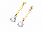 side view A fine pair of 18 carat yellow gold drop earrings.

Each modern brilliant cut white diamond measures 5mm (est half a carat each), claw set.
