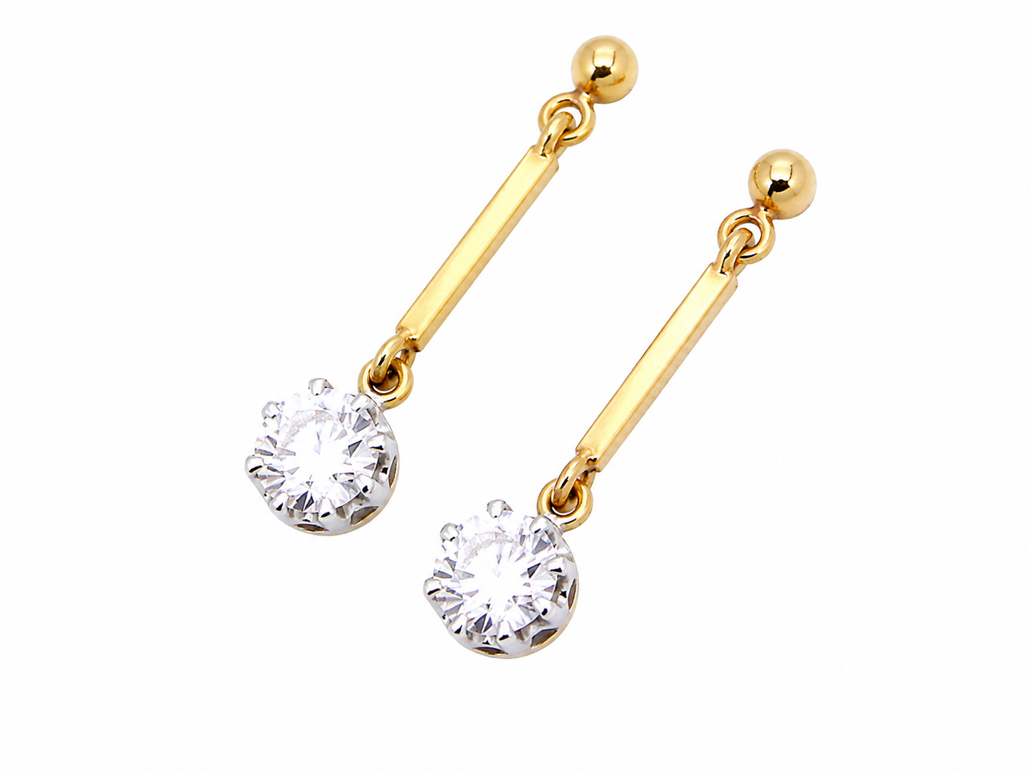 side view A fine pair of 18 carat yellow gold drop earrings.

Each modern brilliant cut white diamond measures 5mm (est half a carat each), claw set.
