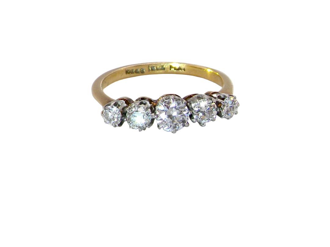 A yellow gold five-stone diamond ring with a graduated round diamond setting, shown on a plain white background.