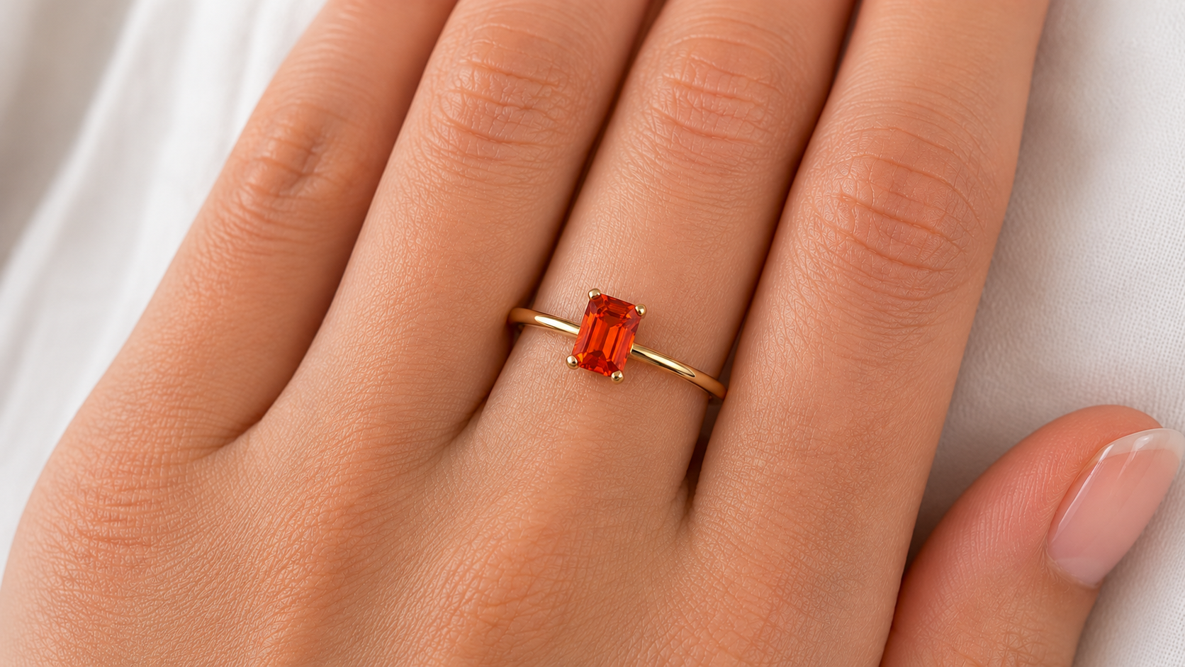 A rectangular fire opal solitaire ring on a hand