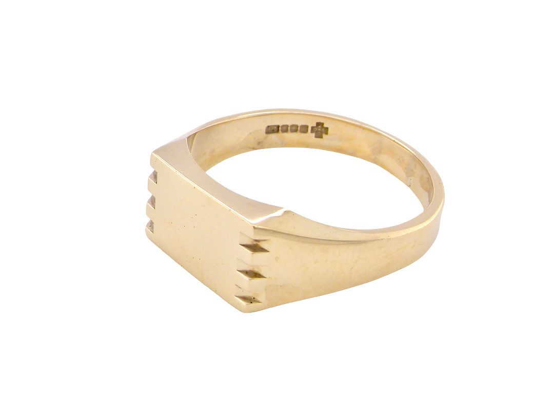 A gentleman's 9 carat gold signet ring. Rectangular shaped head, plain polished surface and suitable for initials to be engraved.