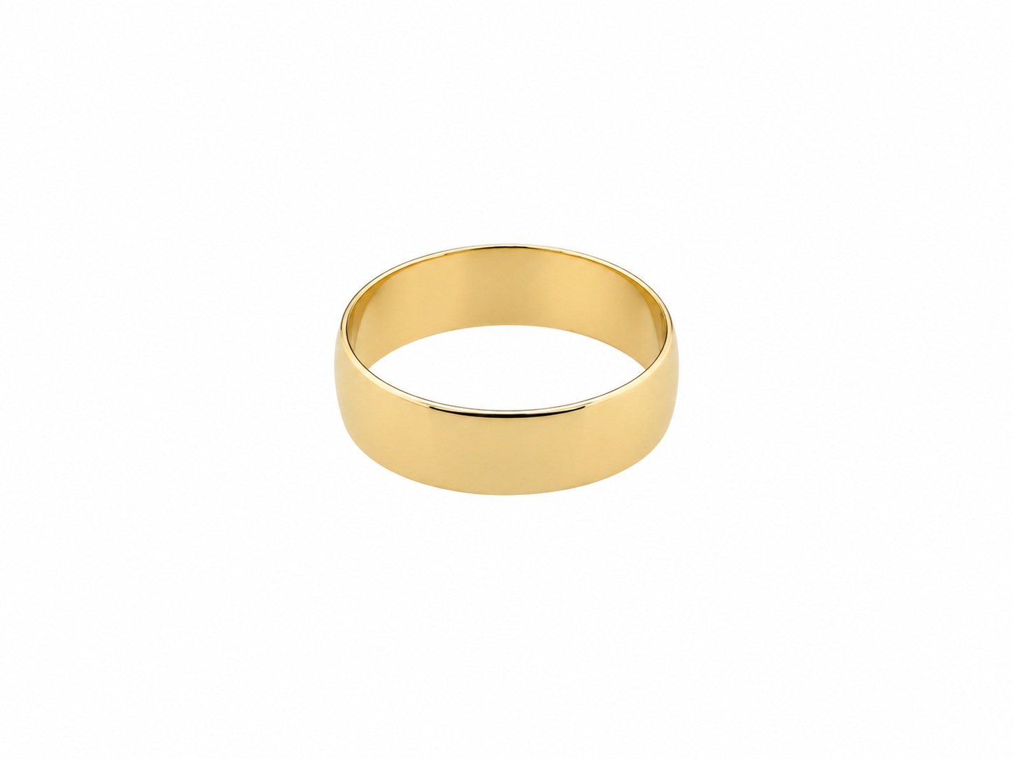 A classic yellow gold band ring with a smooth, polished finish, centered on a solid white background.