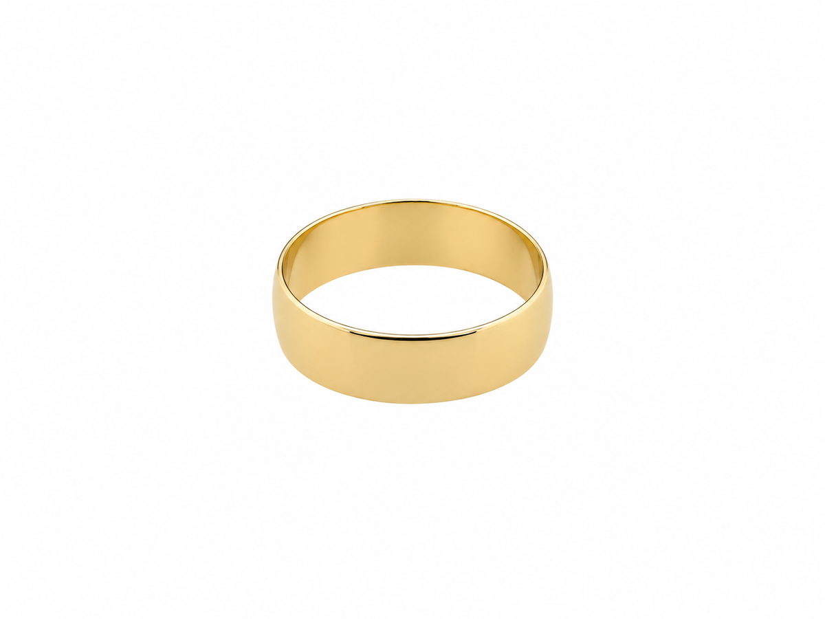 A classic yellow gold band ring with a smooth, polished finish, centered on a solid white background.