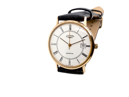 A gentleman's 9 carat gold wrist watch. Plain white dial with roman numerals, sweep seconds hand, and a calendar date window.

Case measures 32mm. Quartz movement. Signed by Rotary.
