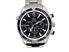 Omega Seamaster Swimmer's watch with a stainless steel bracelet, black dial, and black rotating bezel with white and orange markings.