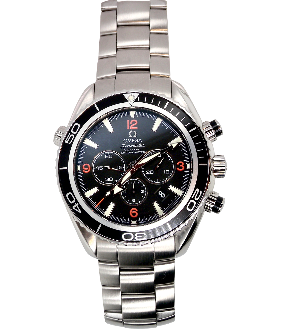 Omega x Swatch Speedmaster Cosmograph Daytona watch with a stainless steel link bracelet, black dial, and black rotating bezel.