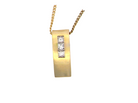 A modern block style pendant. Measures 17x6.3mm. Set with three princess cut white diamonds, close set, each measures 2.75-2.85mm 
