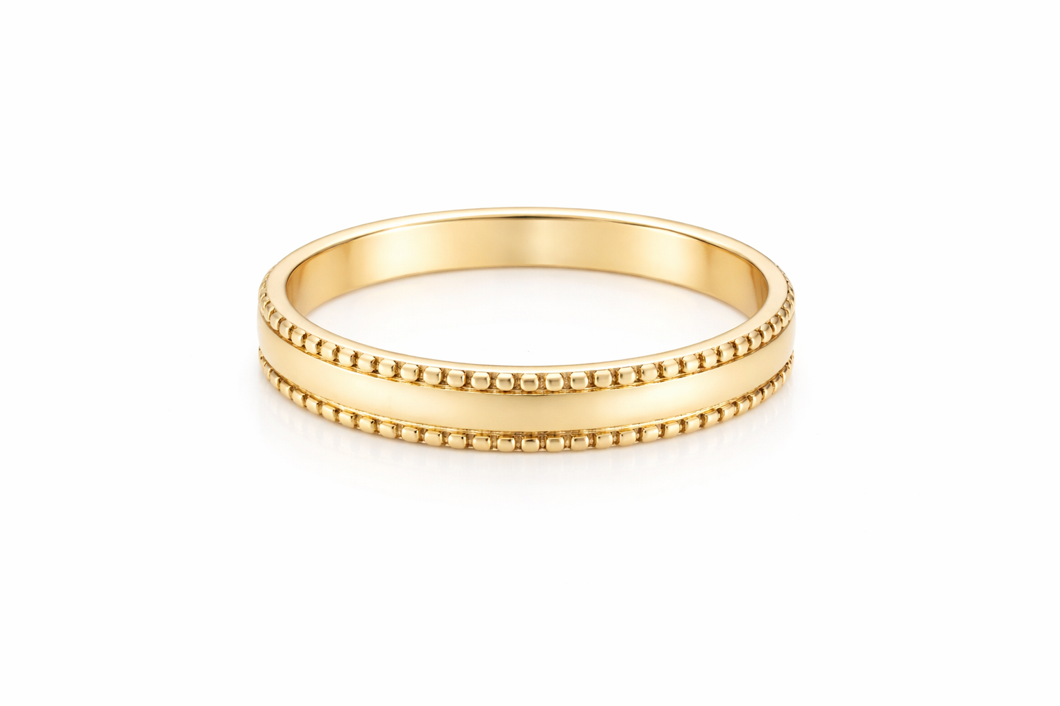 A narrow wedding ring, width 3.8mm, weight 2.3grams.

Beaded pattern