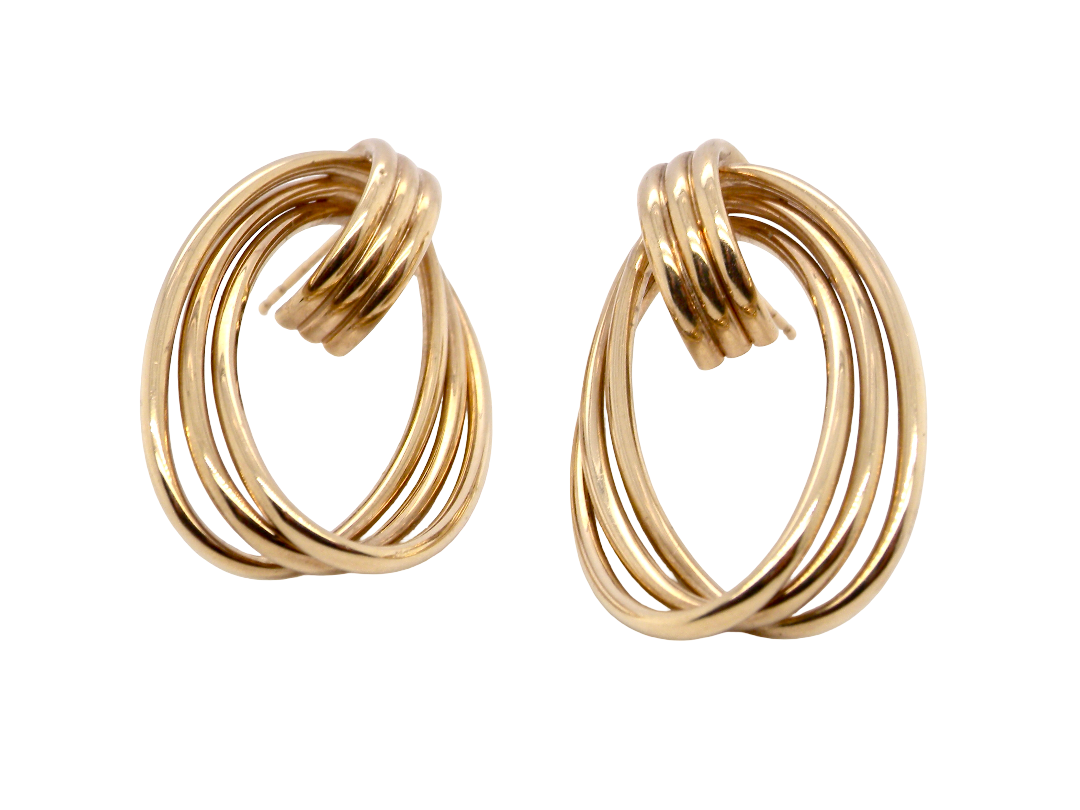 A pair of multi hoop earrings. Concentric bands in an oval shape, measure 34x22mm, 
