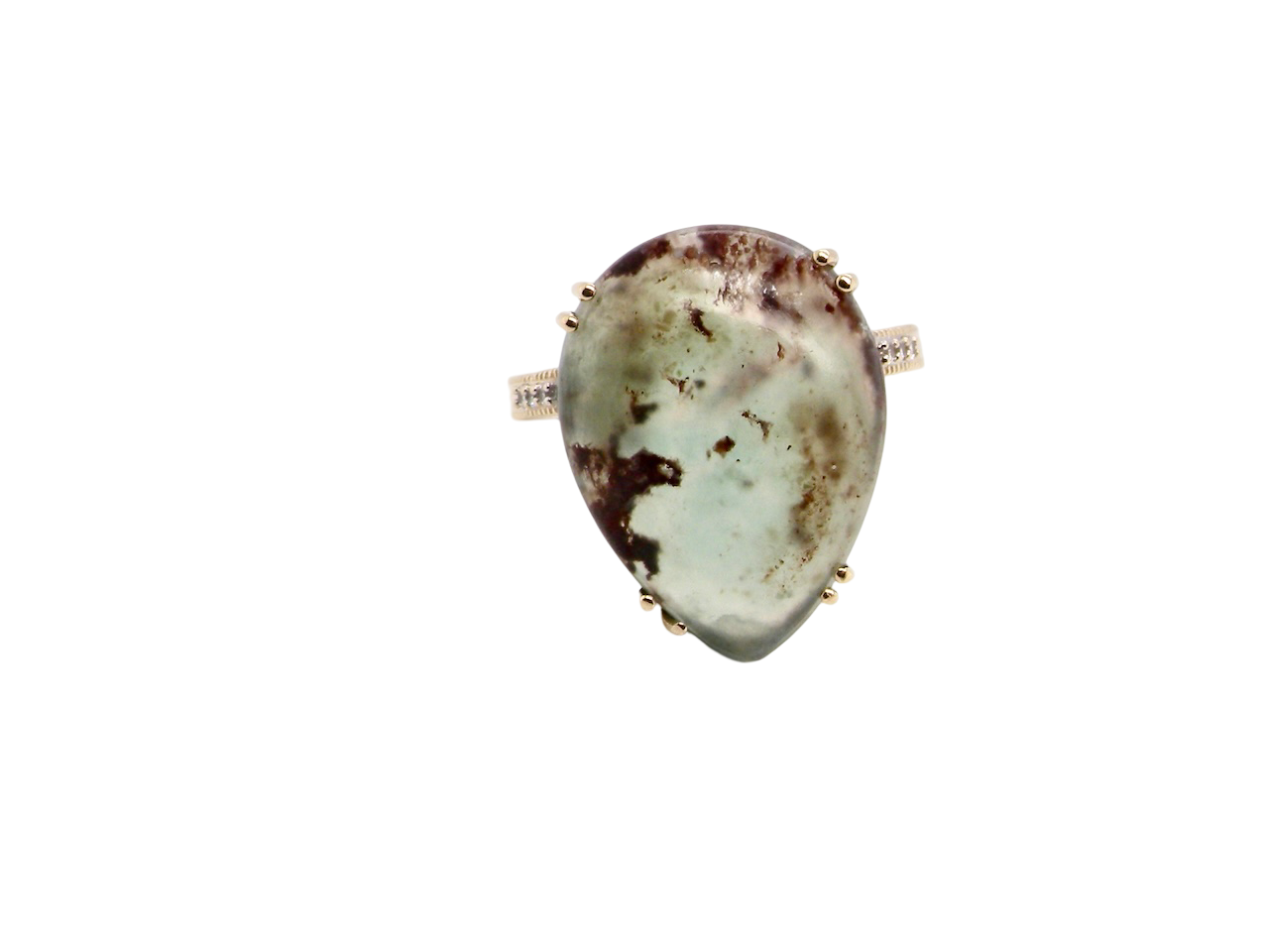 A pear shaped Moss Agate dress ring