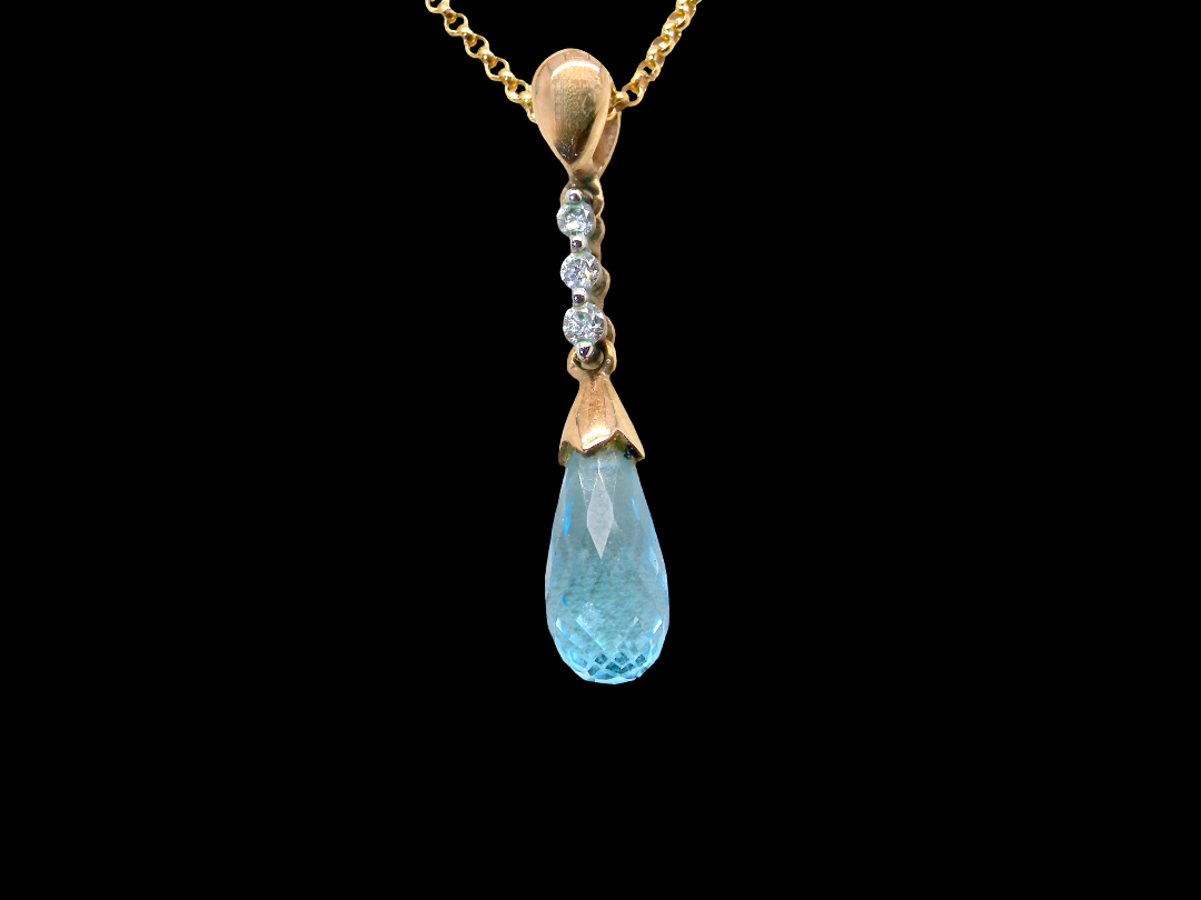 A pendant and earring set. The pendant has a pear shaped facet cut blue topaz 10x5mm. Above this three brilliant cut white cubic zirconia stones ,mm.

