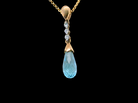 A pendant and earring set. The pendant has a pear shaped facet cut blue topaz 10x5mm. Above this three brilliant cut white cubic zirconia stones ,mm.
