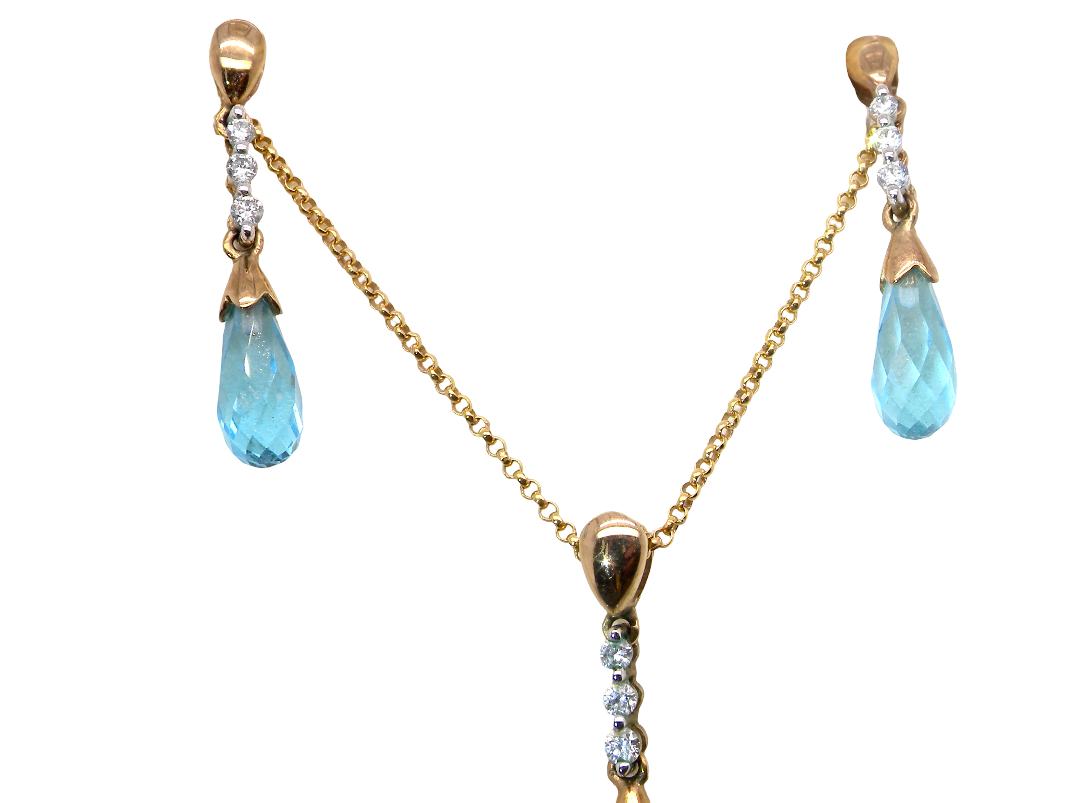 A pendant and earring set. The pendant has a pear shaped facet cut blue topaz 10x5mm. Above this three brilliant cut cubic zirconia stones ,length 20mm.
