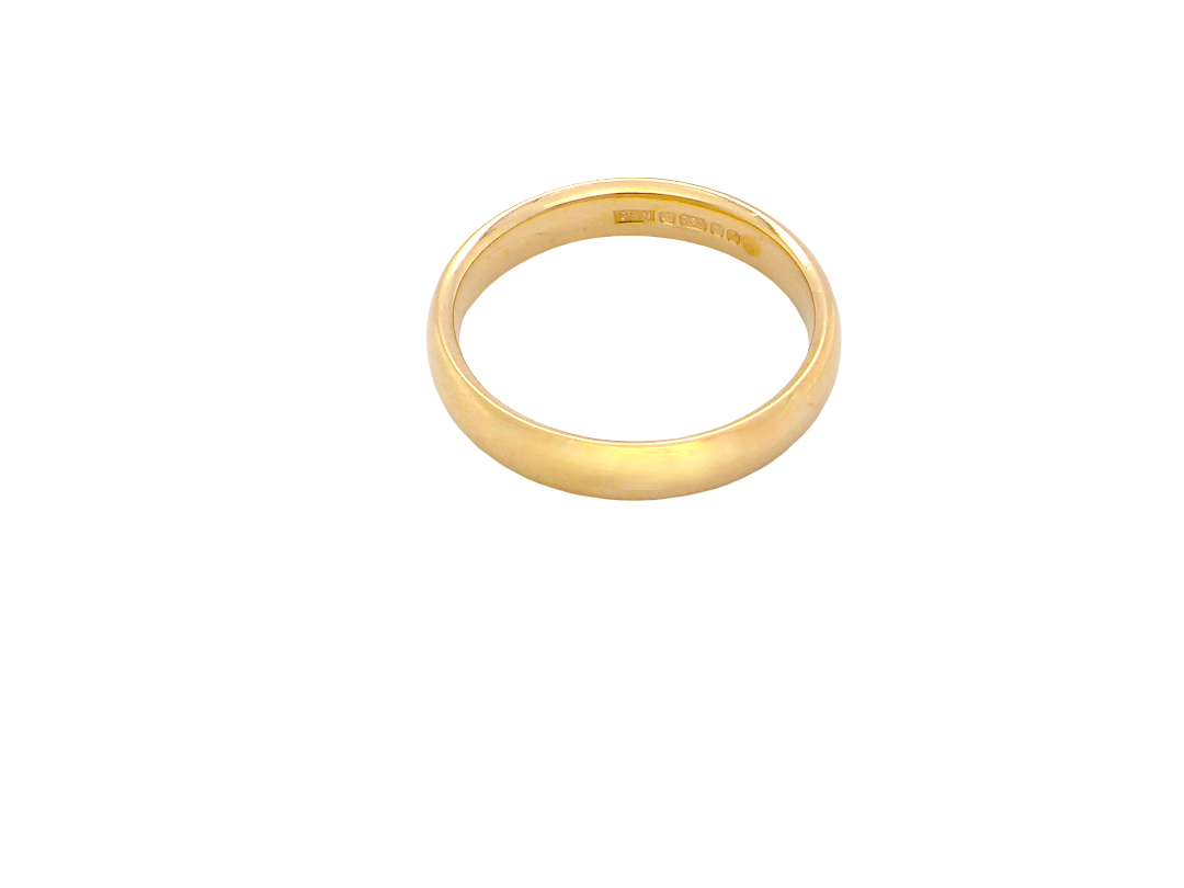 A classic yellow gold band ring with a smooth, polished finish, shown from a top-down perspective on a solid white background.