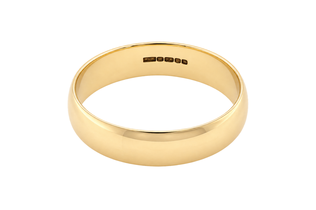 A classic yellow gold band ring with a smooth, polished finish and a flat profile, shown from a top-down perspective on a white background. The inside of the band features a '9K50' gold purity hallmark.