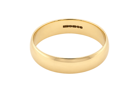 A classic yellow gold band ring with a smooth, polished finish and a flat profile, shown from a top-down perspective on a white background. The inside of the band features a '9K50' gold purity hallmark.