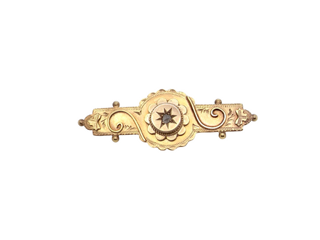 A pretty late Victorian bar brooch. Applied piqué work makes this brooch so attractive and is very much of the period.