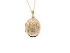A pretty oval shaped locket. Measures 22x17mm. Hand engraved front, plain reverse

Hinges open, hallmarks for 1978.