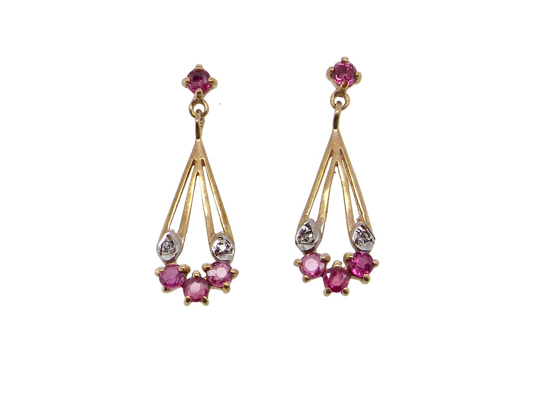 A pair of gold dangle earrings with pink gemstones and clear stones, shown against a plain white background.