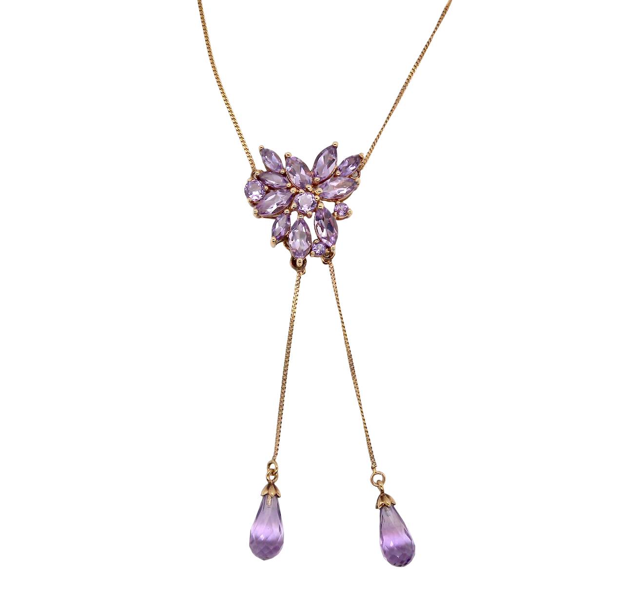 Necklace with purple gemstones on a white background