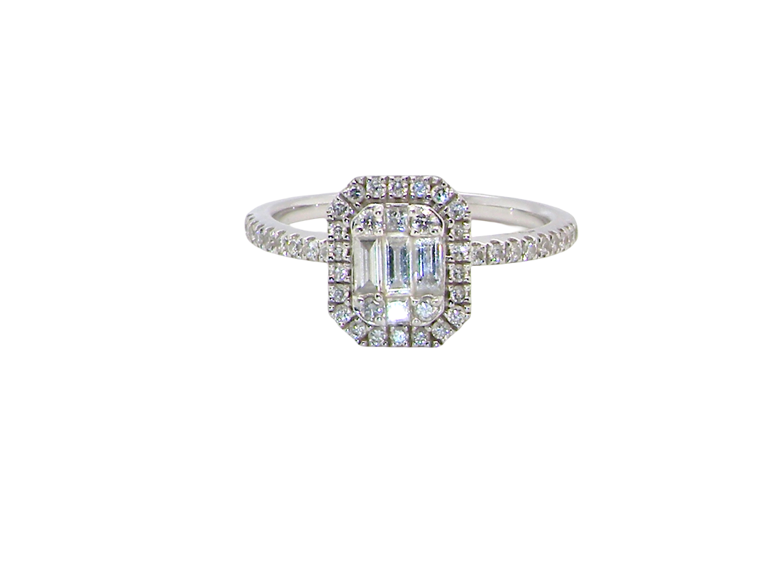 A rectangular diamond cluster ring. Centre portion is set with three baguette cut white diamonds 3x1.6mm and six mixed cut diamonds 2mm each.&nbsp;

Surrounded by a halo of small round diamonds