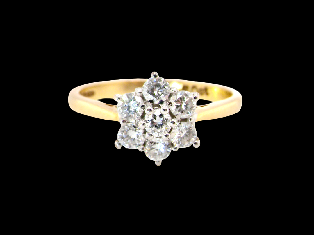 A small cluster ring set with seven bright white brilliant cut white diamonds.

Head measures 8.5mm, each diamond measures 2.8mm 