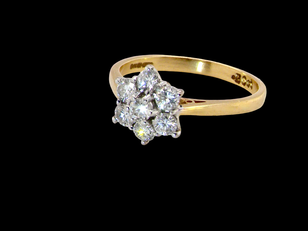 A small cluster ring set with seven bright white brilliant cut white diamonds.

Head measures 8.5mm, each diamond  (total 0.50 carats