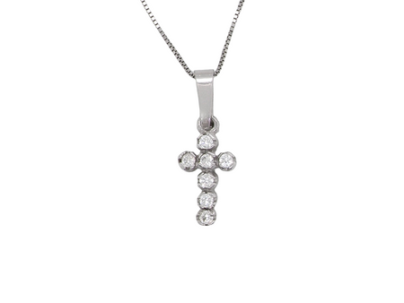 A small cross pendant in &nbsp;18 carat white gold, set with&nbsp;seven brilliant-cut white diamonds.