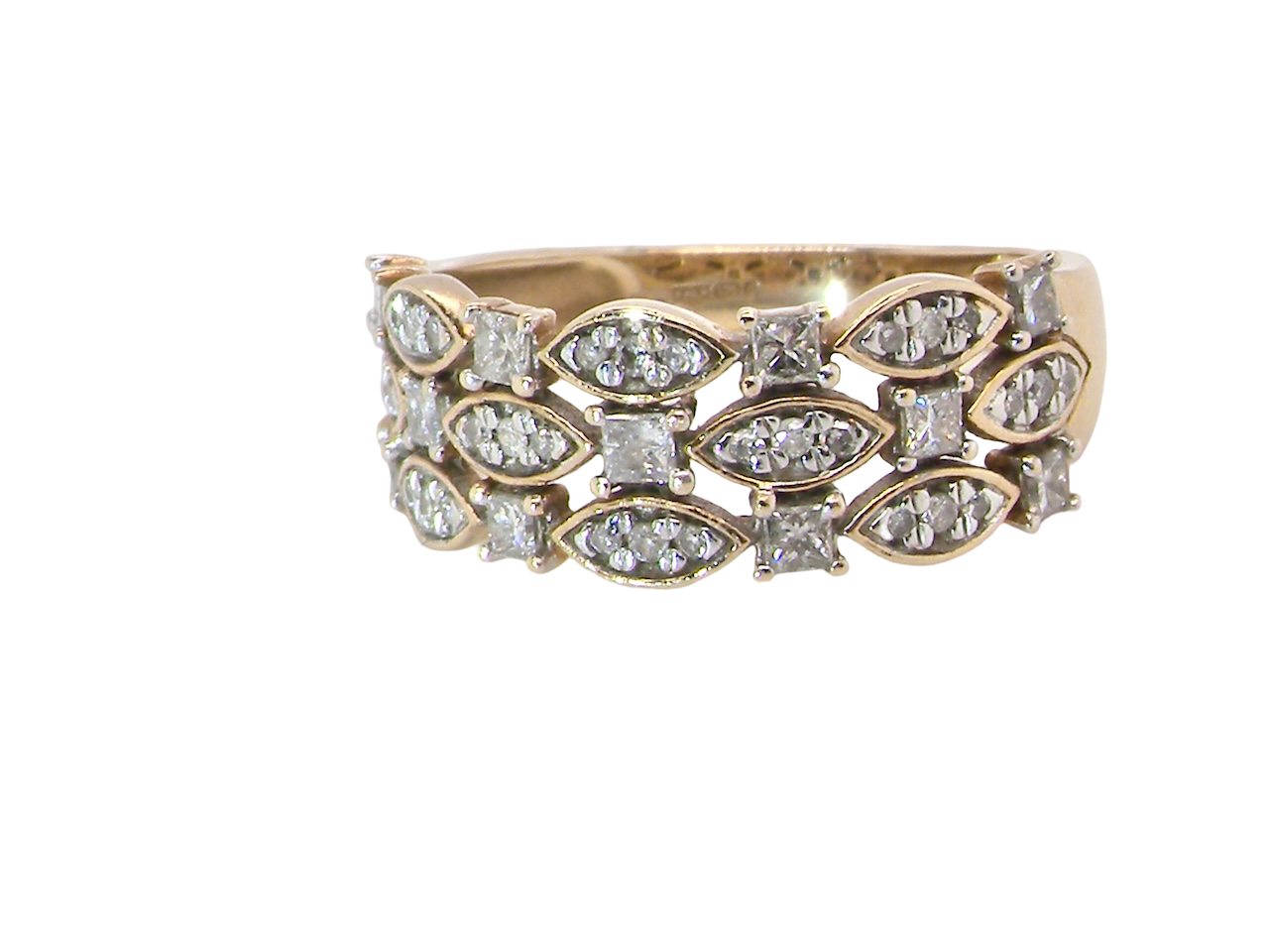 A striking half-hoop style ring three diamond-set bands