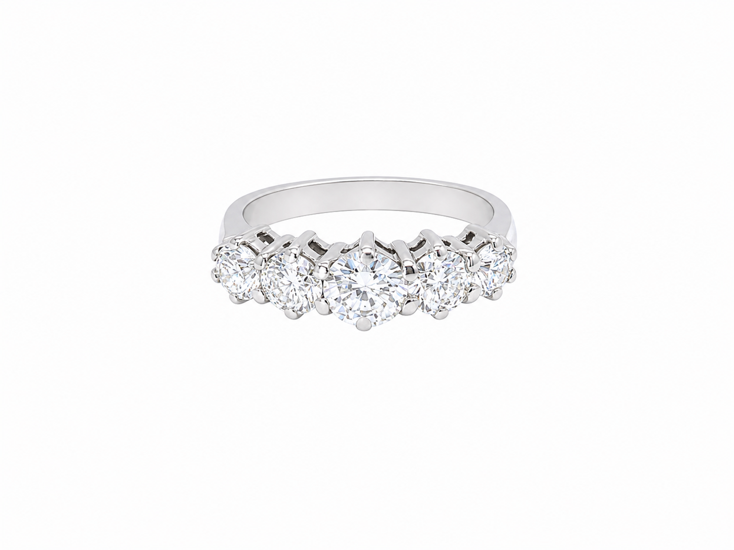 A stunning half hoop ring featuring five exceptional brilliant-cut white diamonds, expertly claw set in 18ct white gold.

The centre diamond measures approximately 5.8mm (estimated 0.70 carats), flanked by a 5.0mm diamond on each side, with 4.5mm diamonds at each end. 