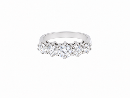 A stunning half hoop ring featuring five exceptional brilliant-cut white diamonds, expertly claw set in 18ct white gold.

The centre diamond measures approximately 5.8mm (estimated 0.70 carats), flanked by a 5.0mm diamond on each side, with 4.5mm diamonds at each end. 
