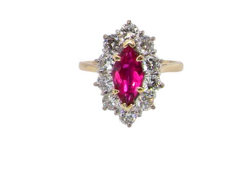 A stunning marquise shaped Ruby & Diamond cluster ring