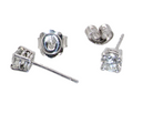 Four silver stud earrings shown on a plain white background, including front-facing and side/back views. The earrings feature clear gemstones in a prong setting with post and butterfly backings visible.