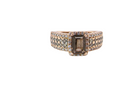 A stunning ring from the House of Le Vien. Crafted from 14ct Strawberry Gold, this Le Vian ring&nbsp; is characterised by a gallery of brown/white diamonds set into each shoulder