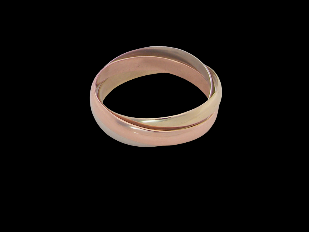 A three colour gold ring (AKA Russian wedding ring) Each band just under 3mm wide, 

Yellow, white and rose gold, 