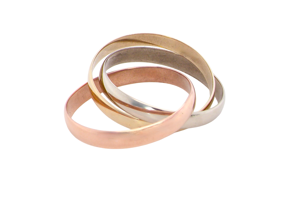 A three colour gold ring (AKA Russian wedding ring) Each band just under 3mm wide, D shape profile.

