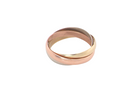 A three colour gold ring (AKA Russian wedding ring) Each band just under 3mm wide, D shape profile.

Yellow, white and rose gold, 