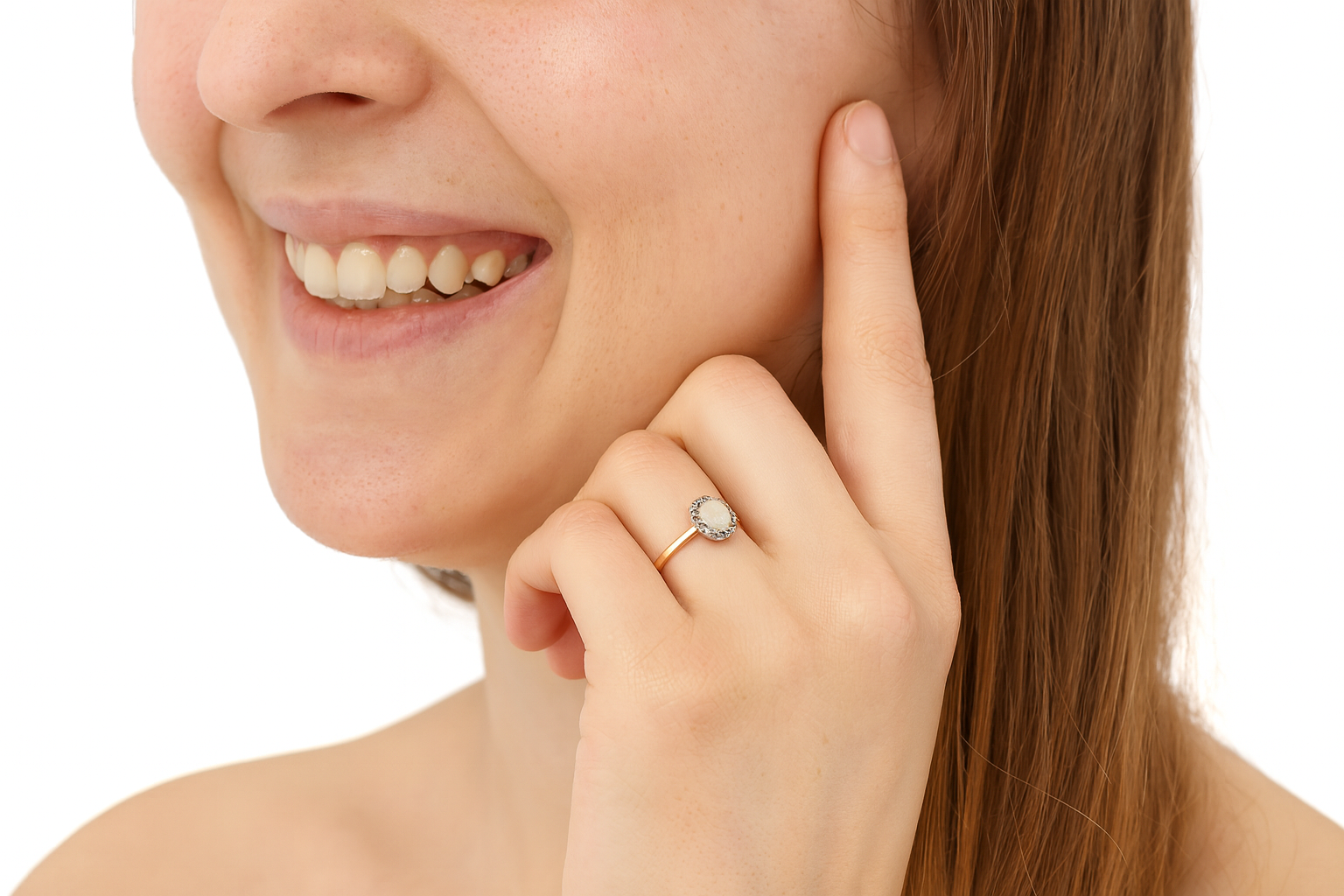 model A vintage cluster ring set with an oval cabouchon cut opal