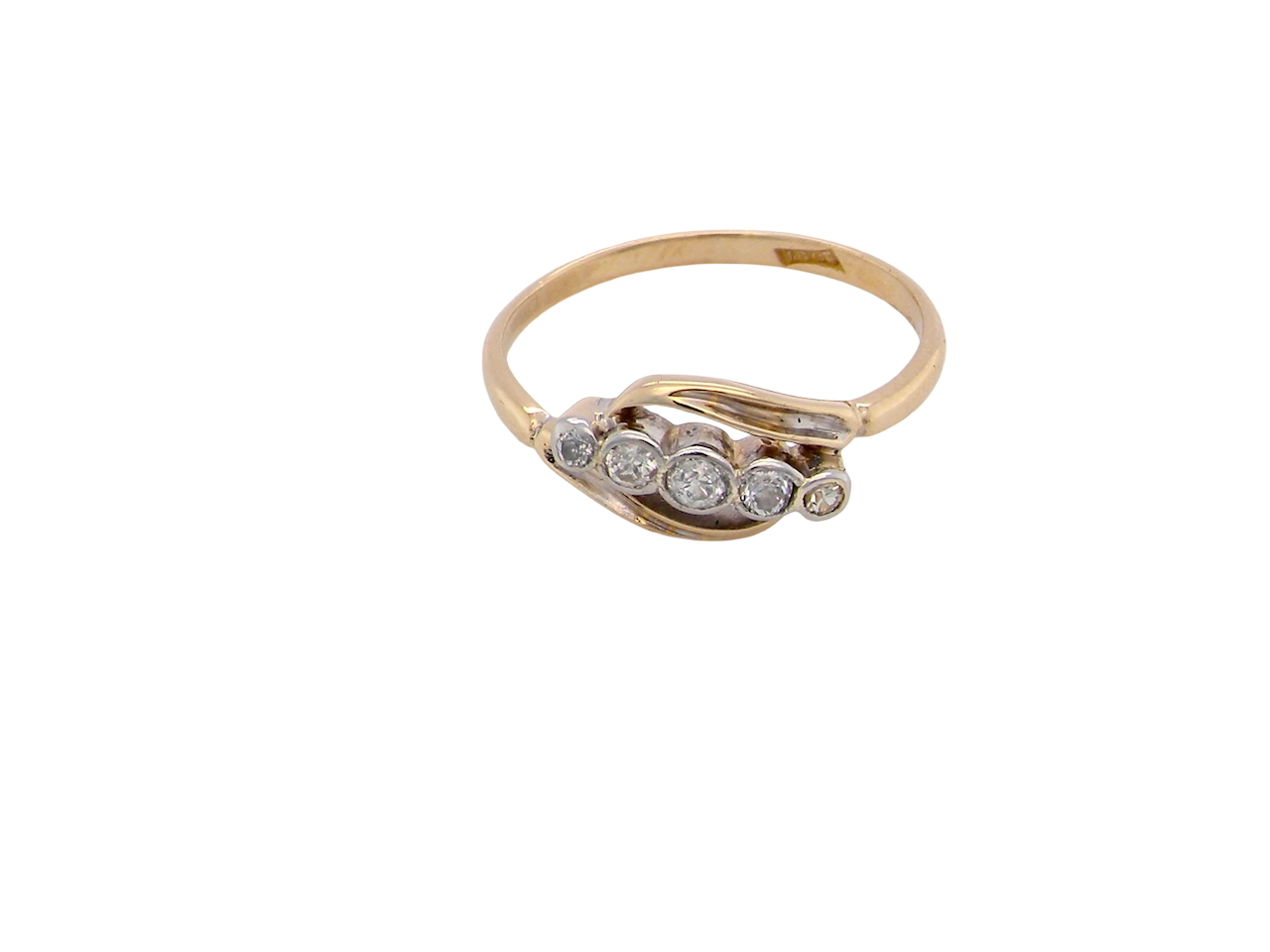 A vintage cross over style ring. Set with five old brilliant cut white diamonds. Centre stone 3mm, each side 2.4mm, each end 1.5mm. 