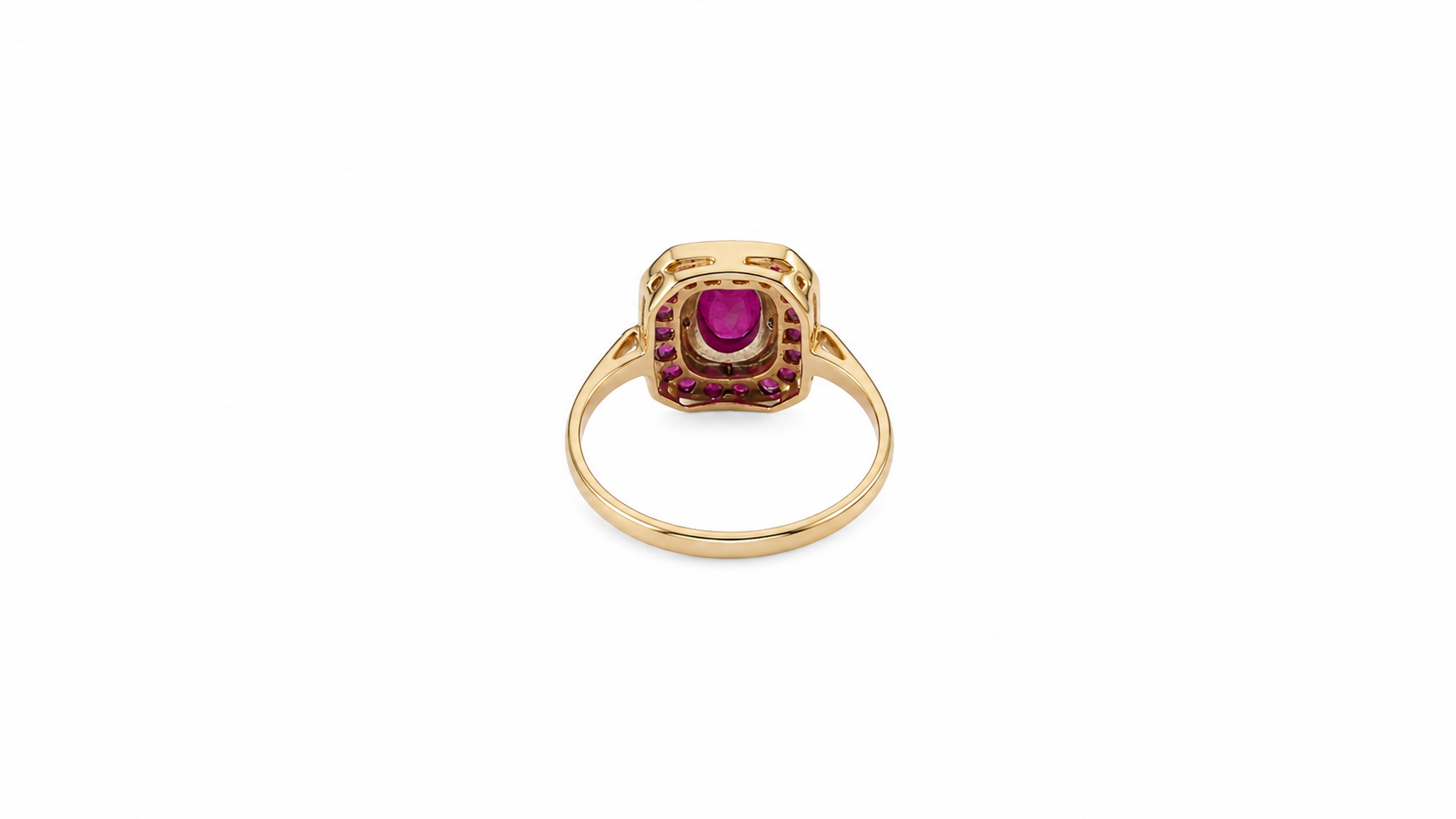 Back view of a ruby diamond vintage style ring