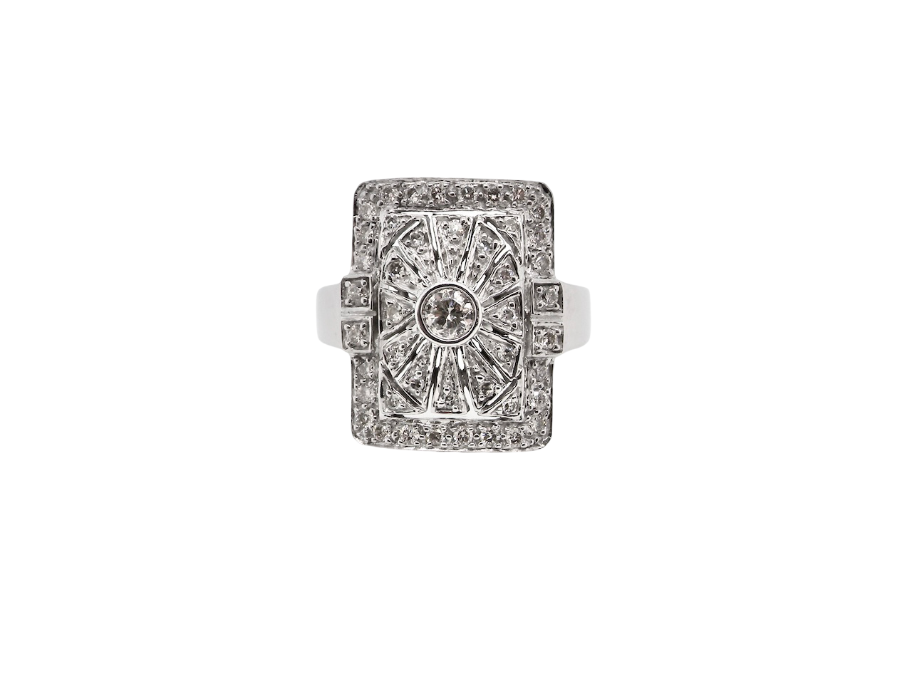 white gold ring with diamond accents on a white background