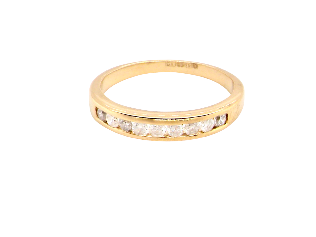 Gold ring with embedded diamonds on a white background