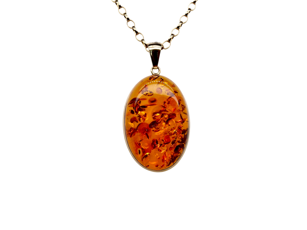 Amber pendant necklace on a white background